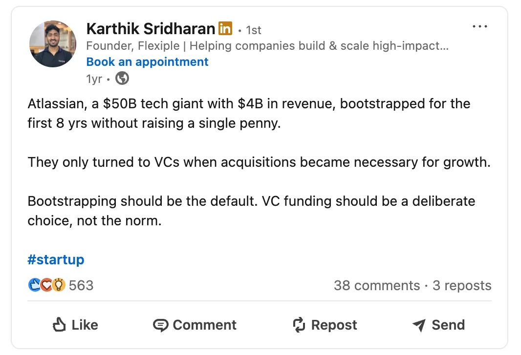 Karthik post on the bootstrapped founder journey