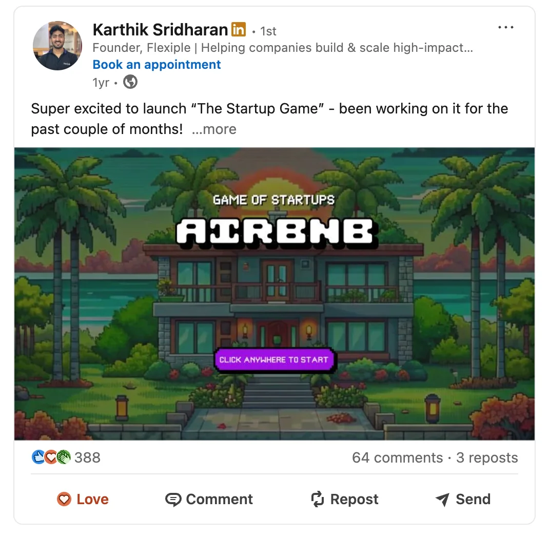 Karthik announcing The Startup Game on LinkedIn