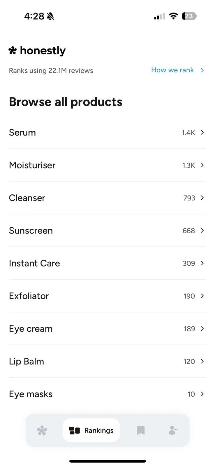 Honestly app browse screen