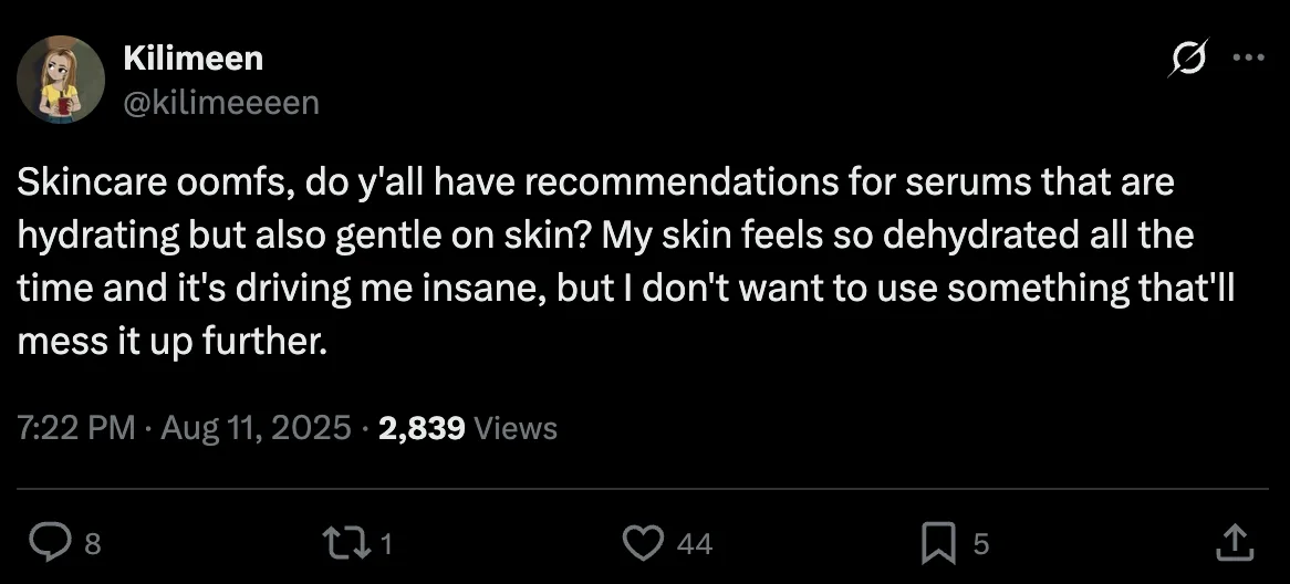 User tweet asking for serum recs